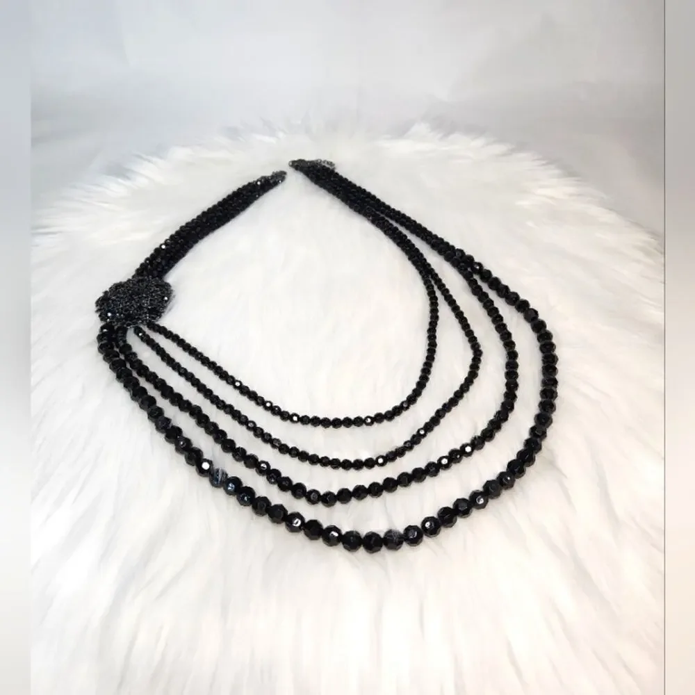 Vintage 4 Strand Black Faceted Bead Necklace Large Flower Pendant Coquette Noir - Picture 2 of 6